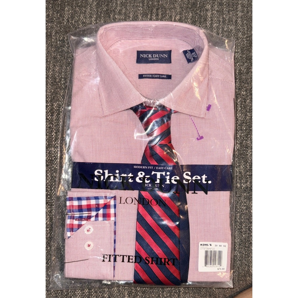 Nick Dunn London Shirt &Tie Set Fitted Easy Care Pink Stripe SP 32-33 NEW W/ TAG